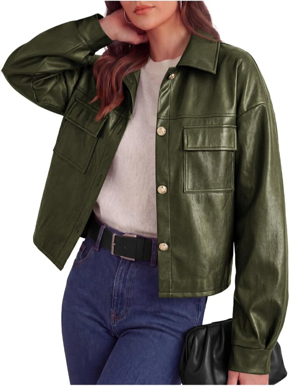 Women Army Green Leather Down Collar Batwing Sleeve Motorcycle Bomber Jacket